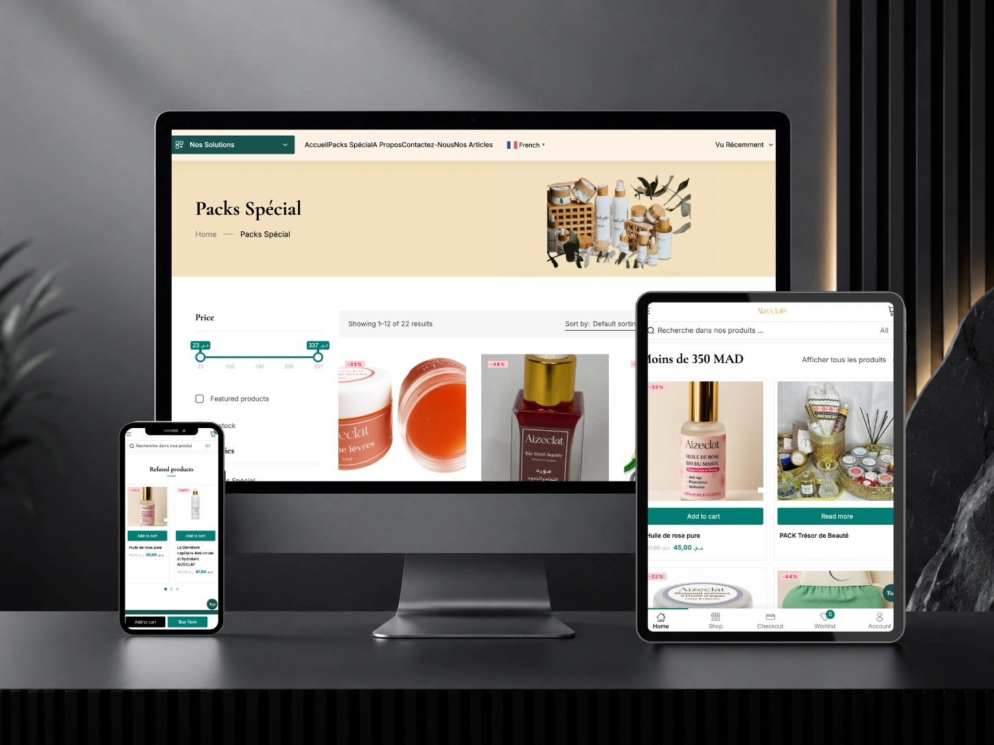 AizEclat beauty catalog displayed across desktop, tablet and mobile devices.