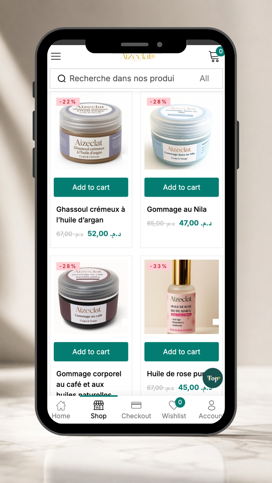 AizEclat natural-beauty storefront displayed in a mobile phone mockup.