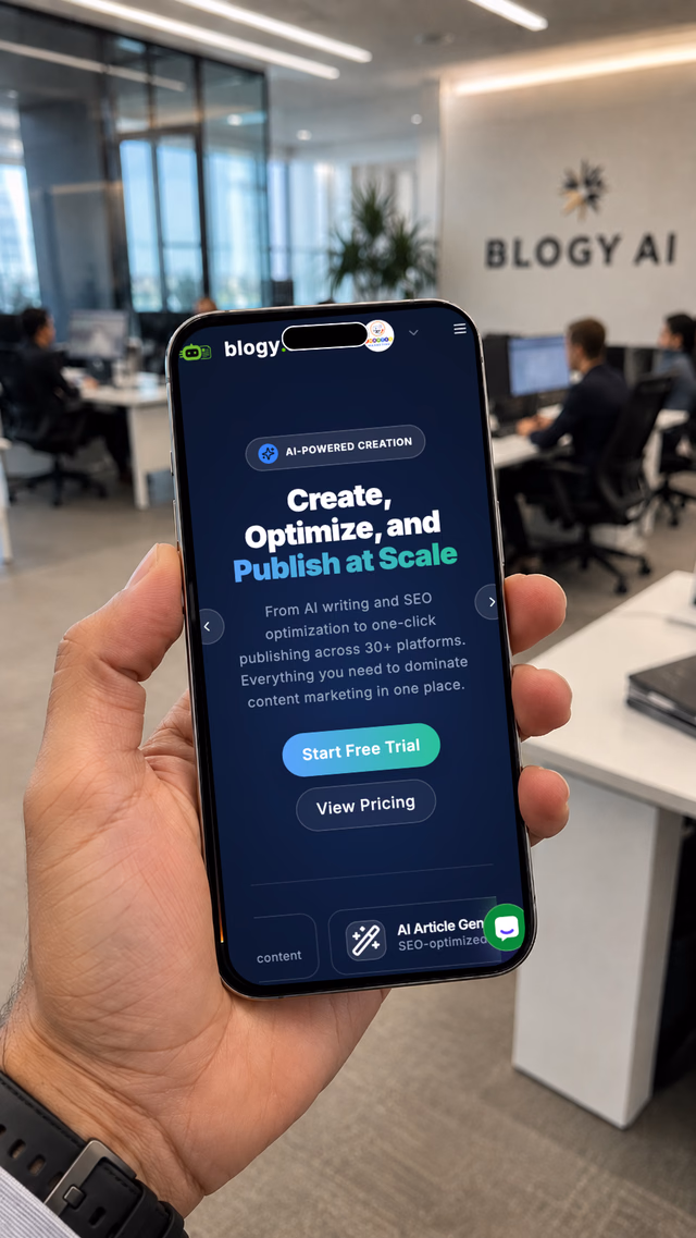 Blogy AI homepage displayed in a mobile phone mockup.