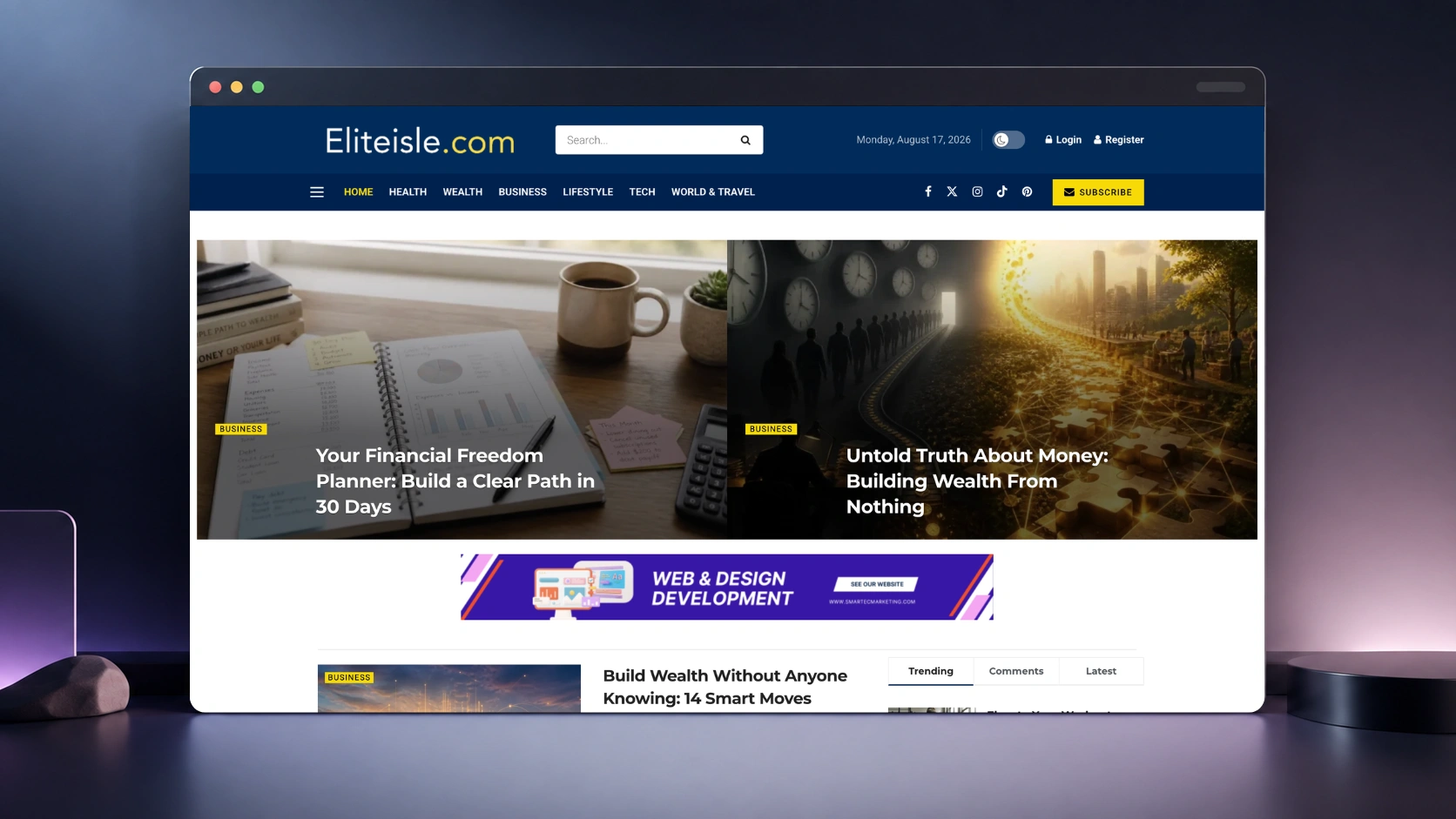 Elite Isle editorial homepage presented in a desktop browser mockup.
