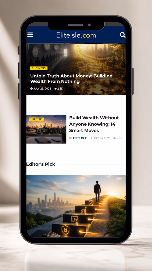 Elite Isle homepage and article grid displayed in a mobile phone mockup.