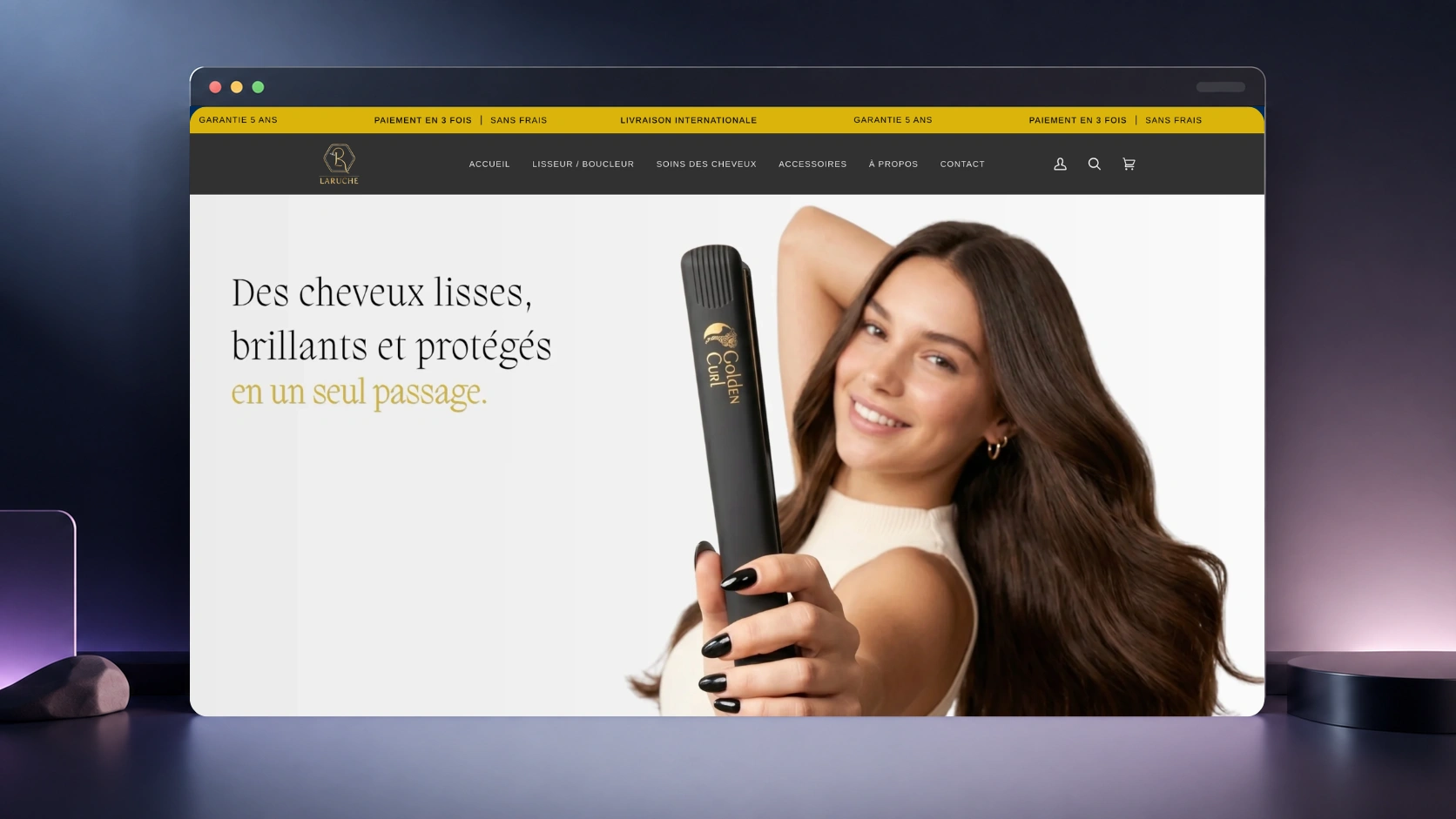 La Ruche Golden hair-styling storefront presented in a desktop browser mockup.