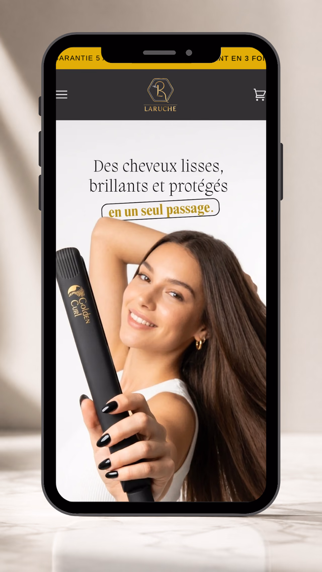 La Ruche Golden hair-styling homepage displayed in a mobile phone mockup.