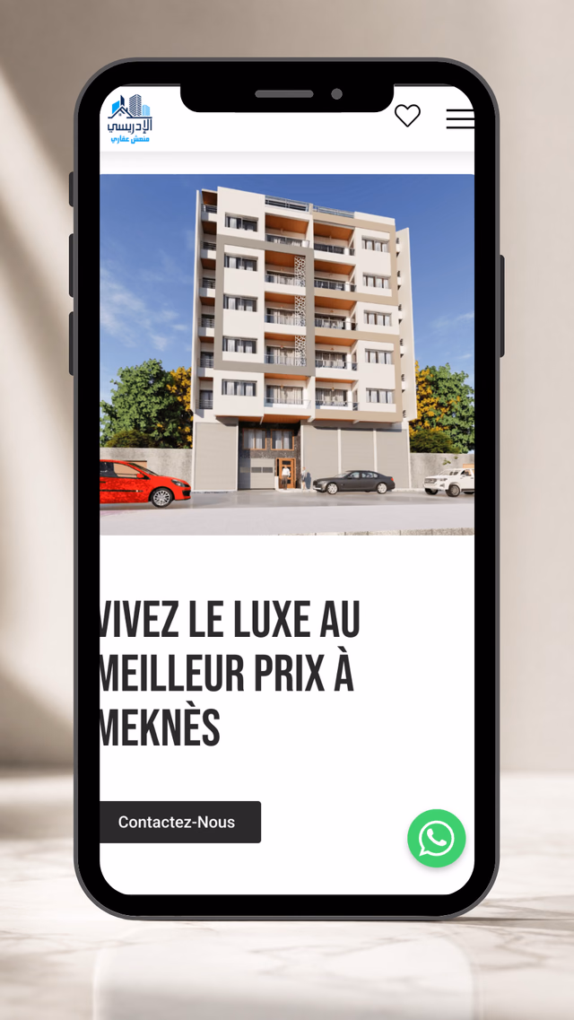 Promoteur Idrissi residential project homepage displayed in a mobile phone mockup.
