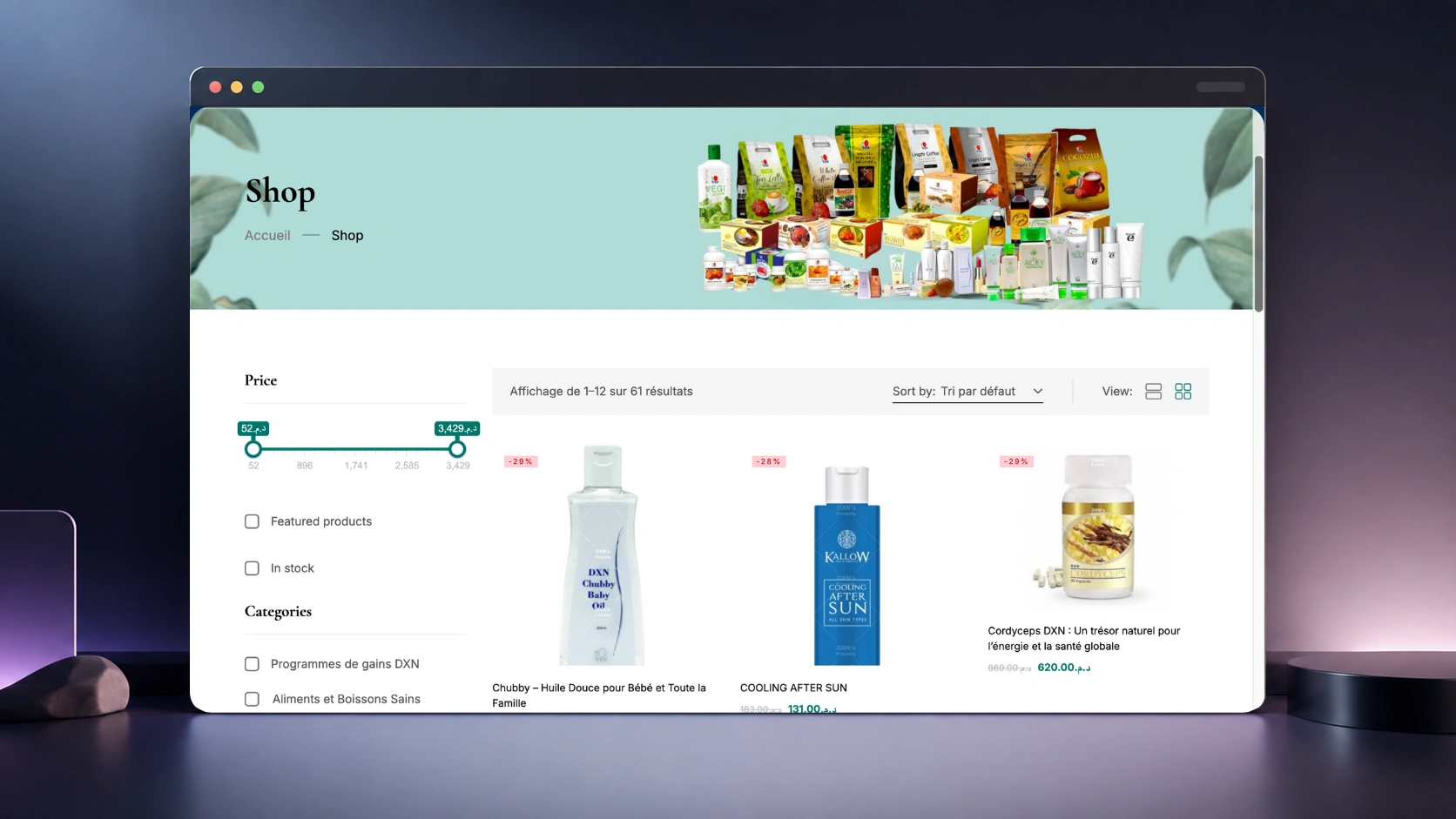 Sante Et Succes wellness product catalog presented in a desktop browser mockup.