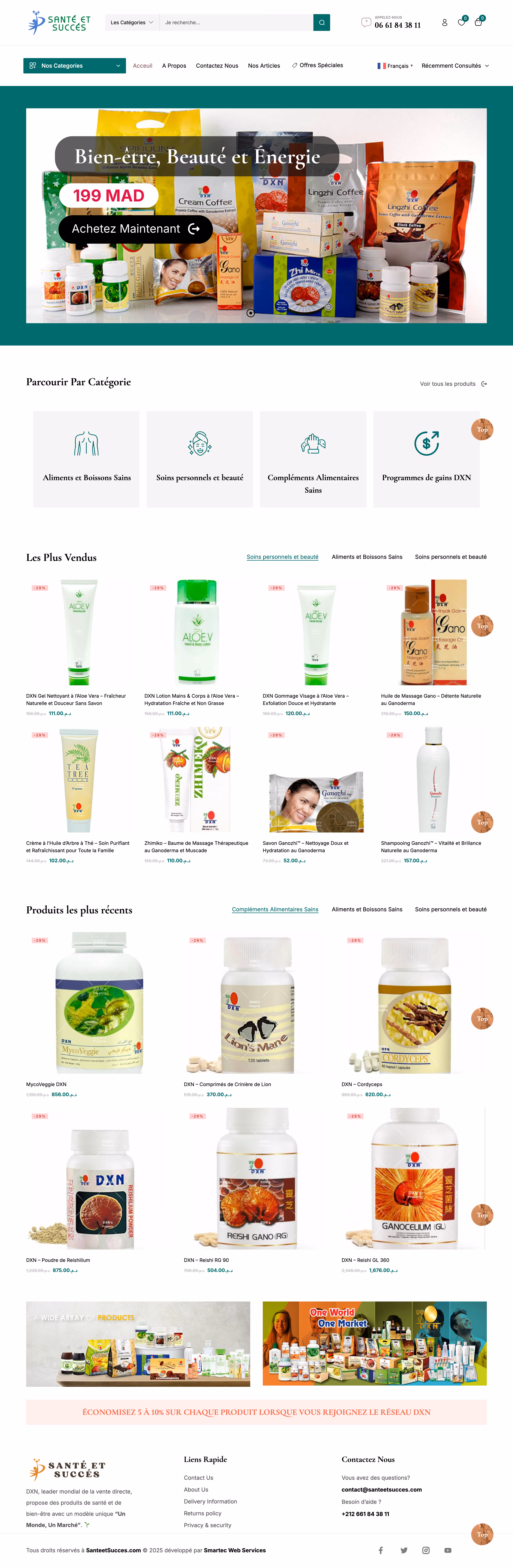 Full-length Sante Et Succes Wellness Commerce Platform homepage screenshot shown inside an interactive screen preview.